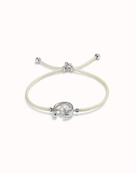 Pulsera de hilo crema con perla shell fornitura ba&ntilde;ada en plata de ley.